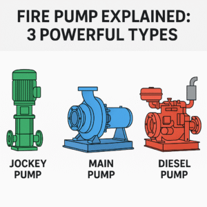 Illustration of jockey pump, main pump, and diesel pump used in fire fighting systems