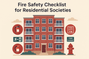 Fire safety checklist for residential societies with apartment building, fire extinguisher, hydrant, and exit signs