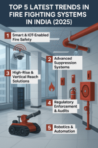 Latest Trends in Fire Fighting Systems in India 1 Infographic showing the top 5 latest trends in fire fighting systems in India 2025 including IoT fire safety, suppression systems, high-rise solutions, regulatory audits, and robotics