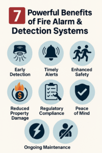 Fire Alarm and Detection Systems 1 Infographic showing 7 benefits of Fire Alarm & Detection Systems – early detection, timely alerts, enhanced safety, reduced property damage, compliance, peace of mind, and ongoing maintenance.
