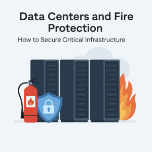 Data Centers and Fire Protection 1 Illustration of data center servers with fire extinguisher, flames, and security shield representing fire protection.Data Center Fire Protection – Securing Critical Infrastructure