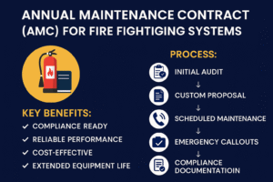 Infographic showing the benefits and process of Annual Maintenance Contract (AMC) for fire fighting systems, including compliance, reliability, cost-effectiveness, equipment life, and a step-by-step service workflow.