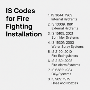 IS Codes for Fire Fighting Installation 1 List of key IS codes for fire fighting installations in India including hydrants, sprinklers, extinguishers, and fire alarm systems
