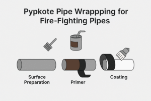 Pipe Wrapping & Coating for Fire-Fighting Pipes 1 Step-by-step process of Pypkote pipe wrapping for fire-fighting pipes including surface preparation, primer, wrapping, and coating