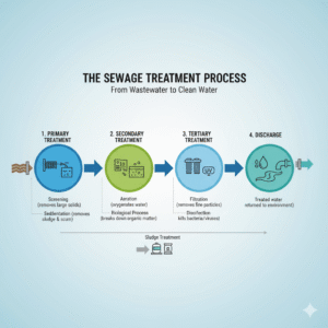 Sewage Treatment Plant (STP) 1 Sewage Treatment Plant (STP) infographic showing wastewater flow through inlet screening, primary settling, biological treatment, secondary clarifier, tertiary treatment, disinfection, sludge handling, and reuse tank in high-rise buildings.