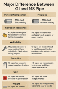 Difference between GI and MS Pipe